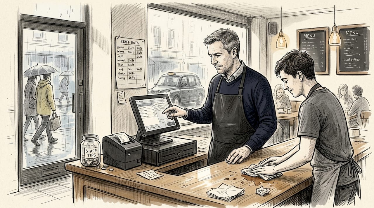 Restaurant manager setting up POS system in café
