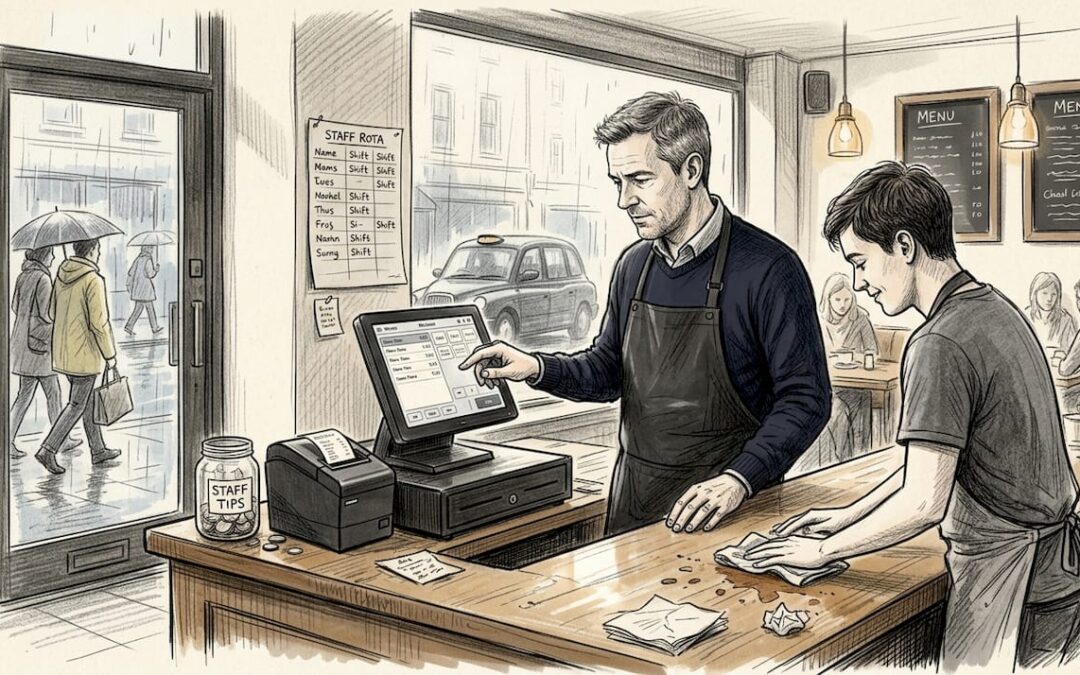 Restaurant manager setting up POS system in café