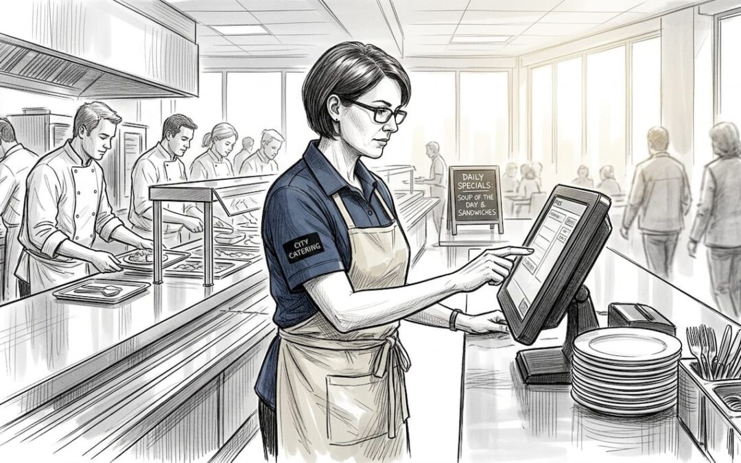 Catering manager using POS at busy cafeteria counter