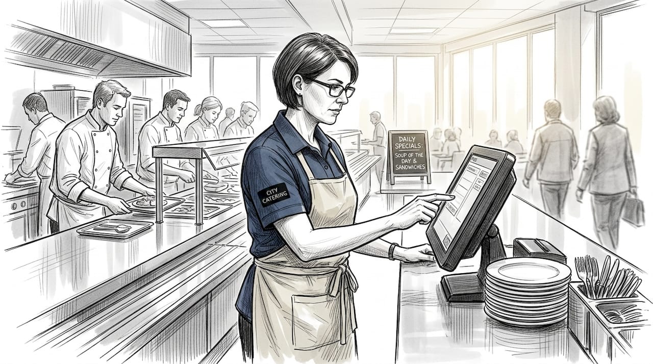 Catering manager using POS at busy cafeteria counter