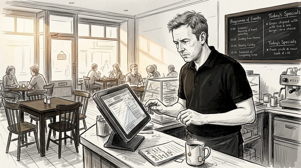 Cafe manager checking faulty POS terminal