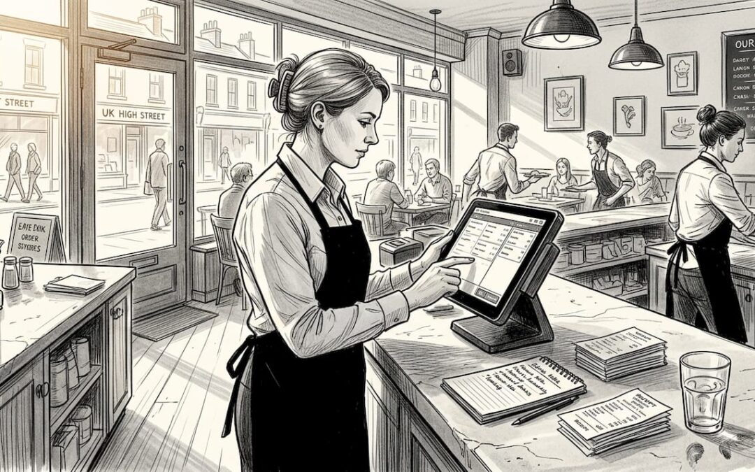 Restaurant manager checking modern POS terminal