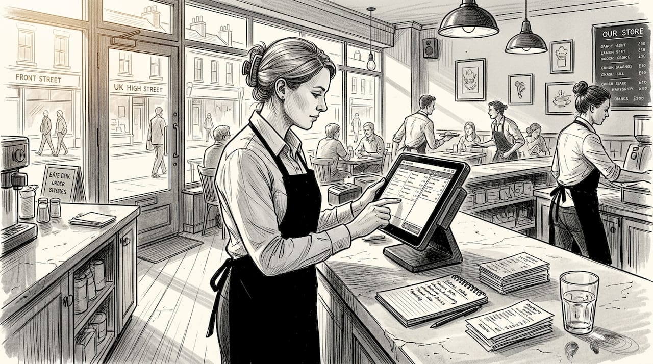 Restaurant manager checking modern POS terminal