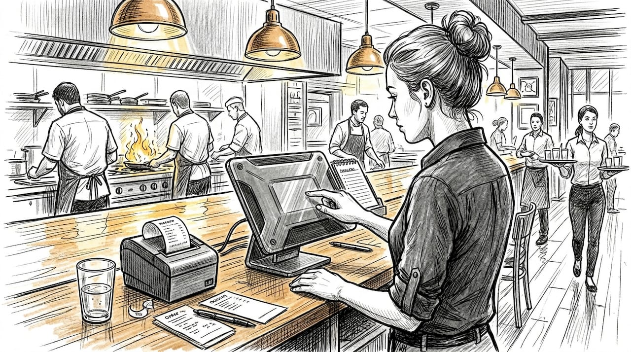 Manager using POS at busy restaurant station