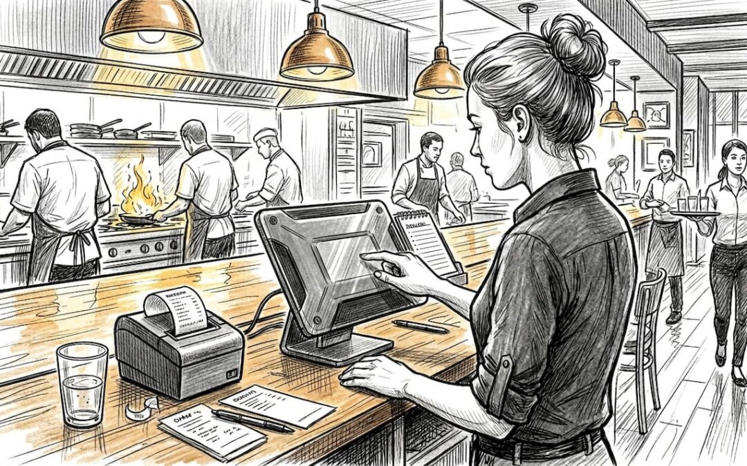 Manager using POS at busy restaurant station