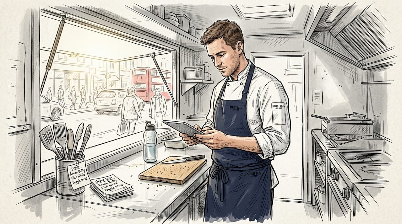Food truck operator checking tablet for orders