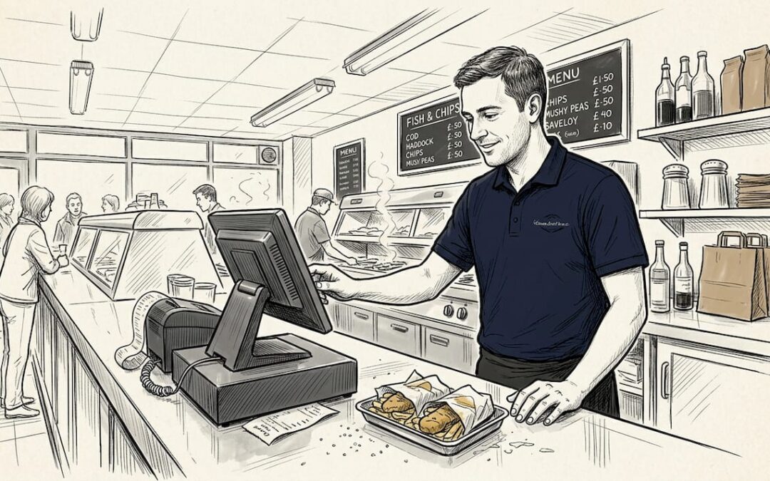Staff using POS at busy fish and chip shop