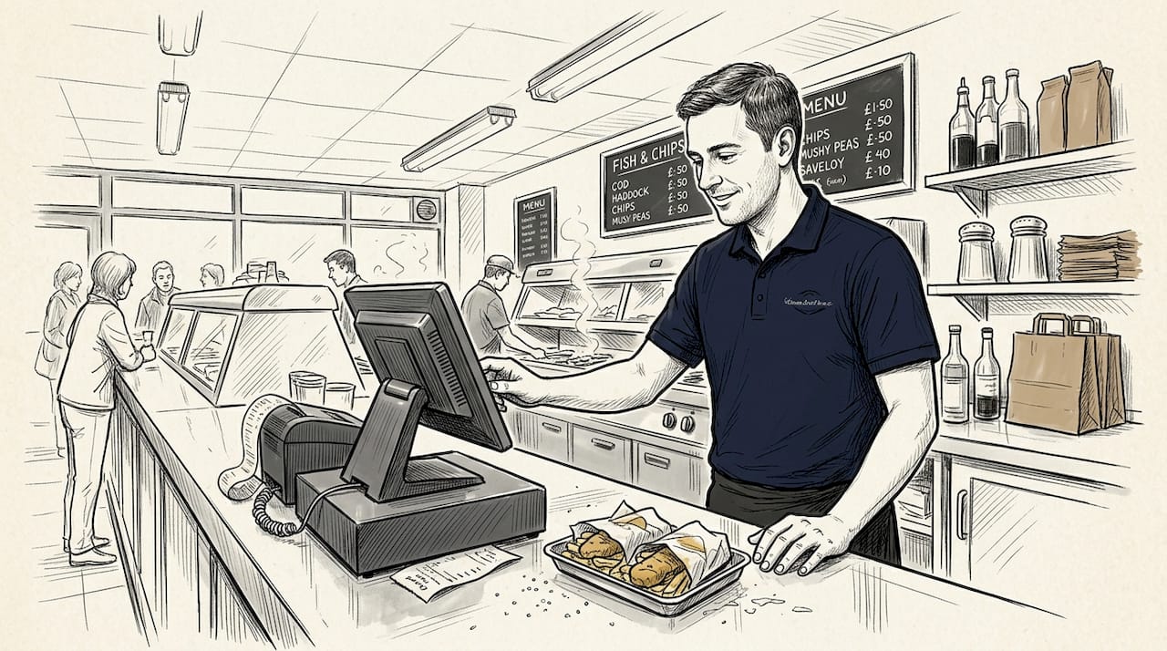 Staff using POS at busy fish and chip shop