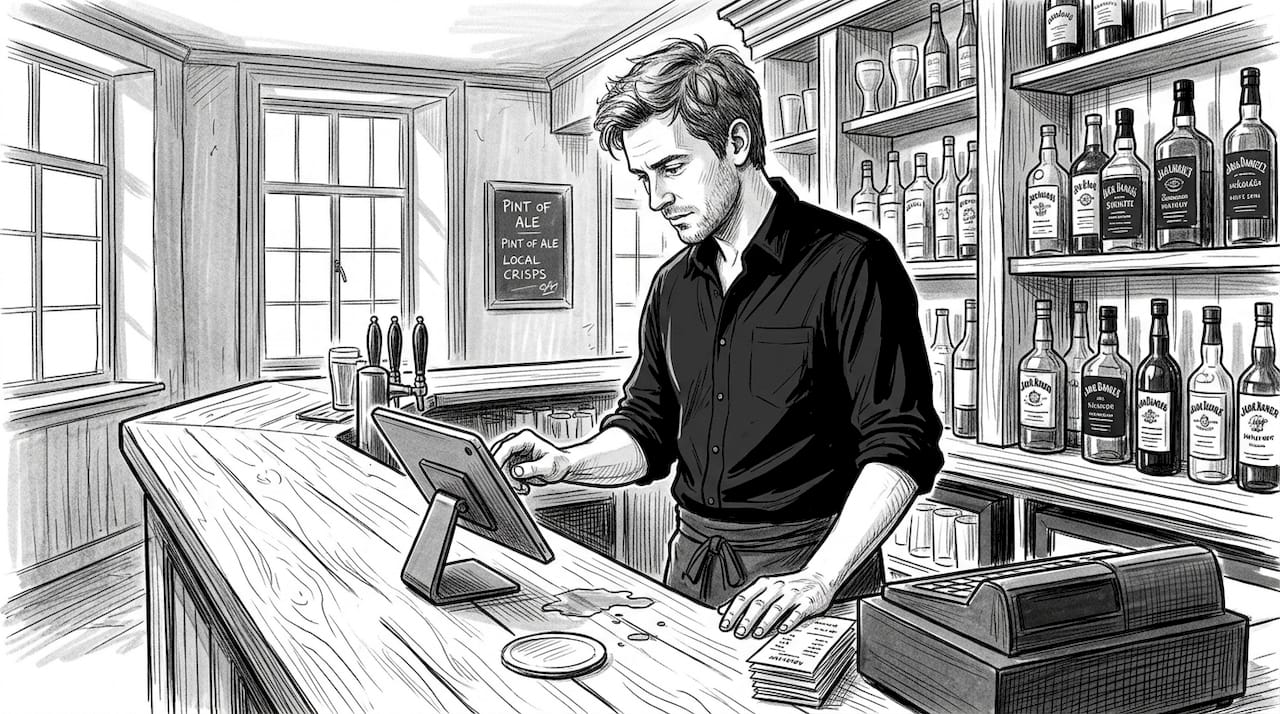 Bartender using tablet POS at pub
