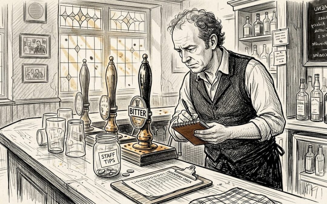 Pub owner reviewing bar inventory at counter