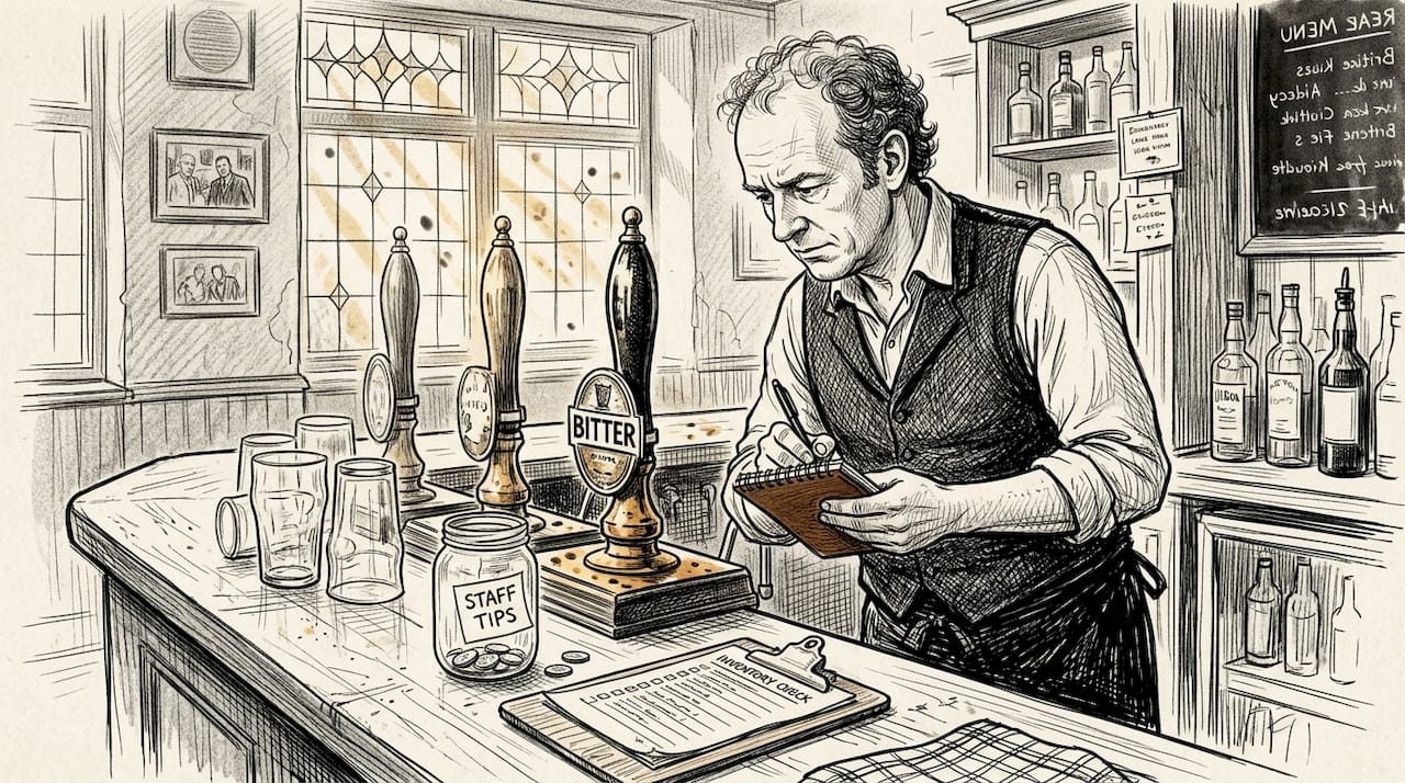 Pub owner reviewing bar inventory at counter
