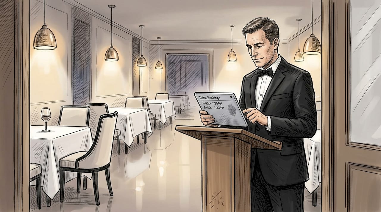 Maître d’ using tablet POS in upscale restaurant