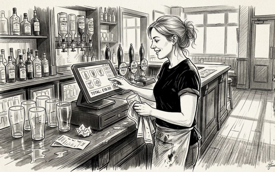 Bartender using pos at busy pub bar