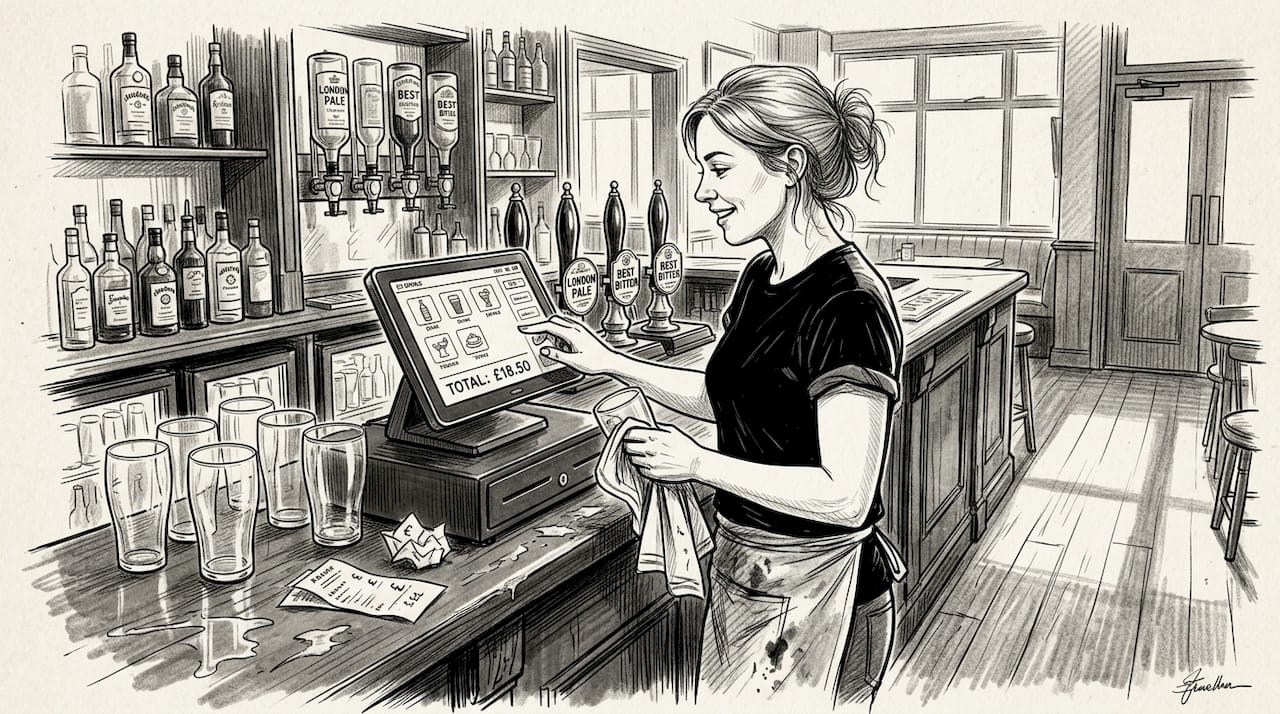 Bartender using pos at busy pub bar