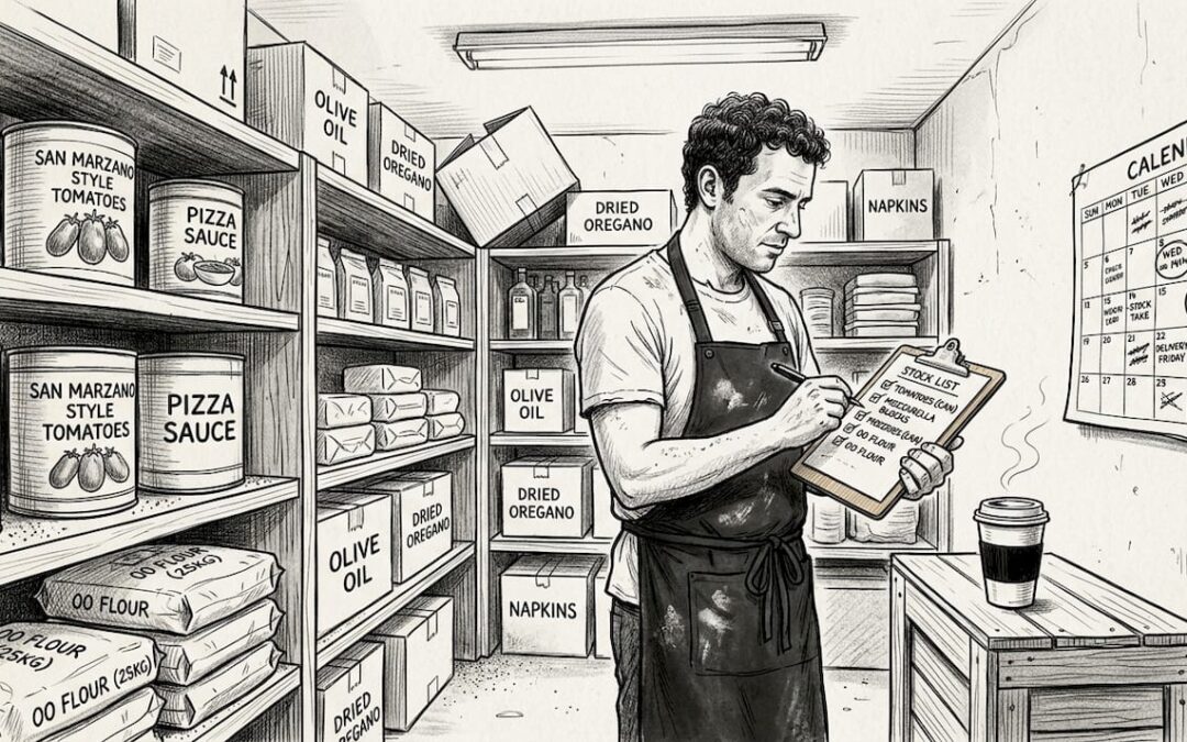 Pizza chef auditing supplies in stockroom