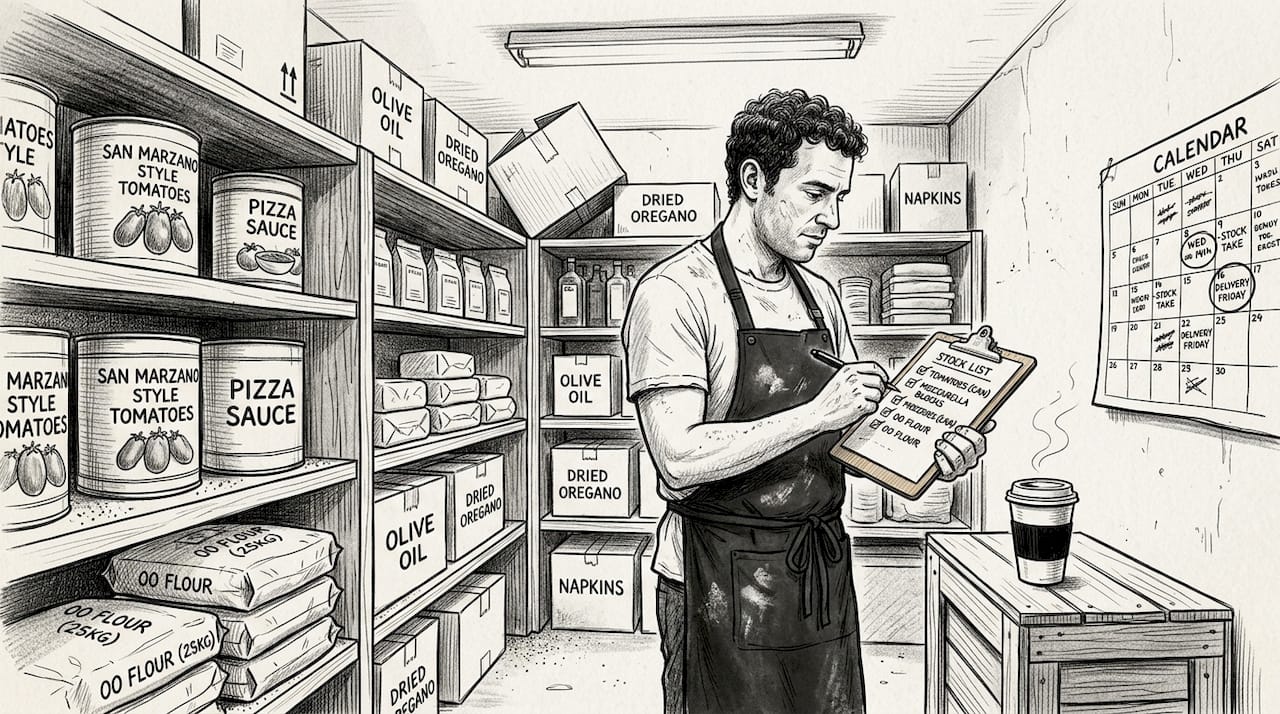 Pizza chef auditing supplies in stockroom