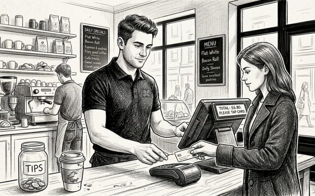 Cashier accepting contactless card at café counter