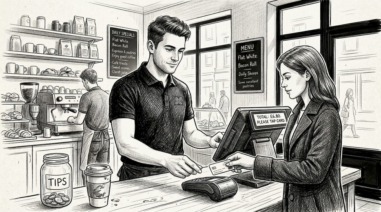 Cashier accepting contactless card at café counter
