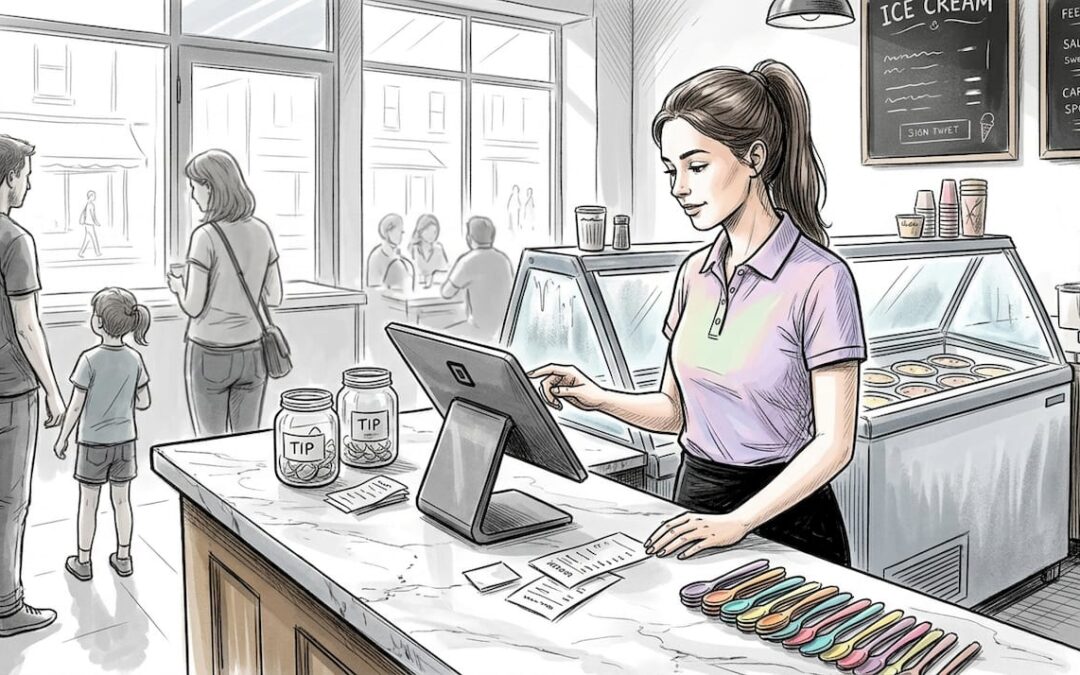 Ice cream shop staff using POS system