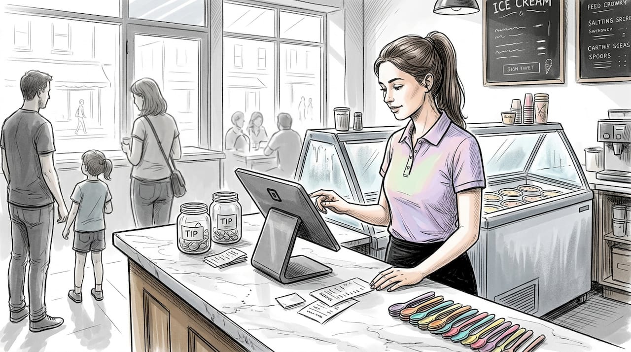Ice cream shop staff using POS system