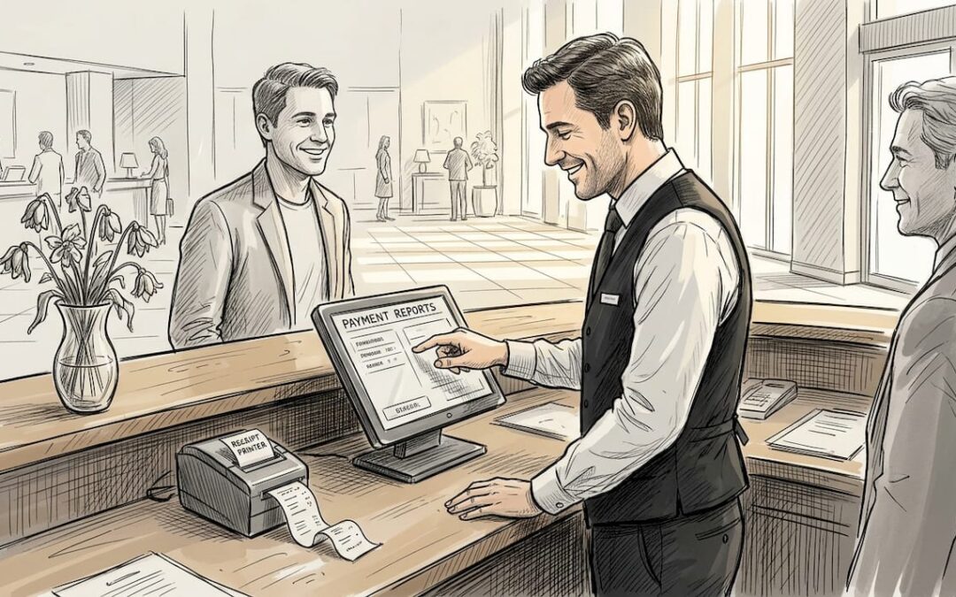 Manager using payment system in hotel lobby