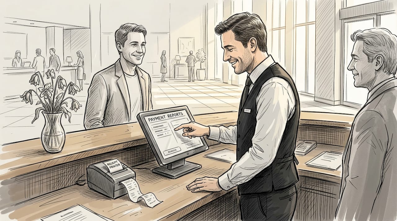 Manager using payment system in hotel lobby