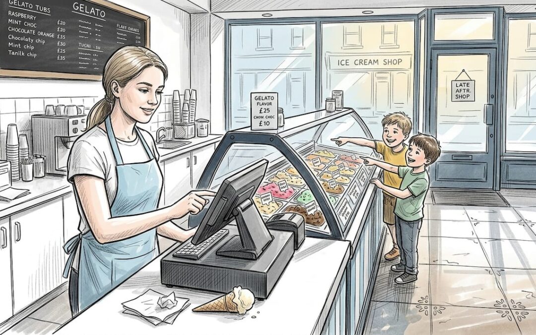 Staff uses POS till at ice cream shop