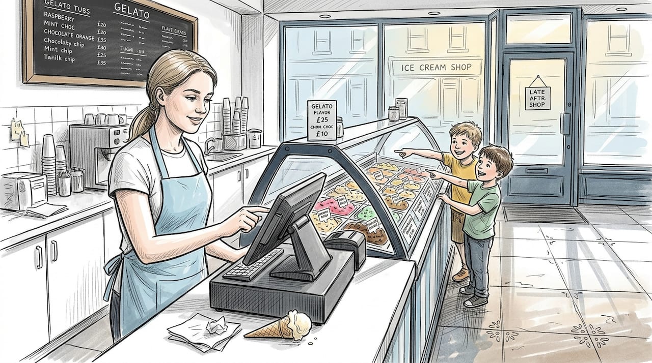 Staff uses POS till at ice cream shop