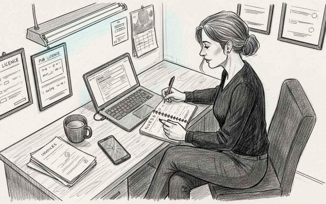 Manager reviewing tech systems in pub office