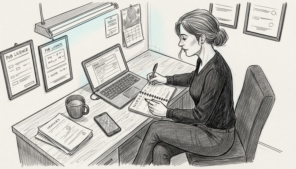 Manager reviewing tech systems in pub office