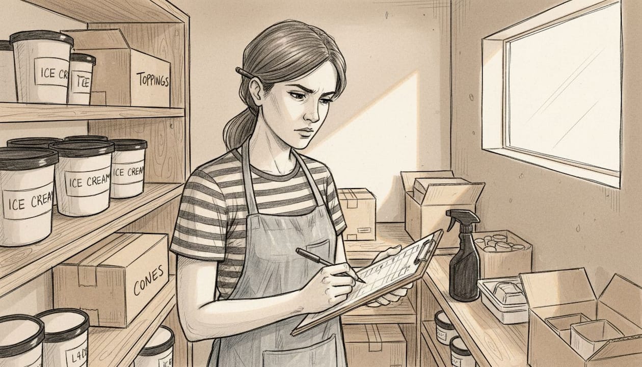 Ice cream shop worker checks stock in storage
