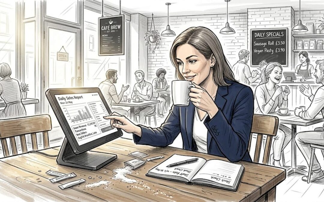 Manager reviews POS data in busy café