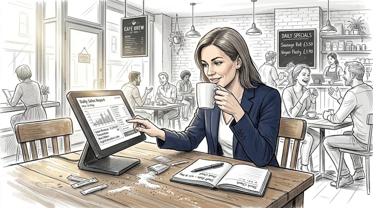Manager reviews POS data in busy café
