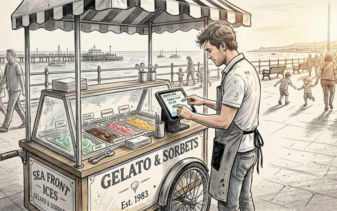Ice cream vendor using POS at cart
