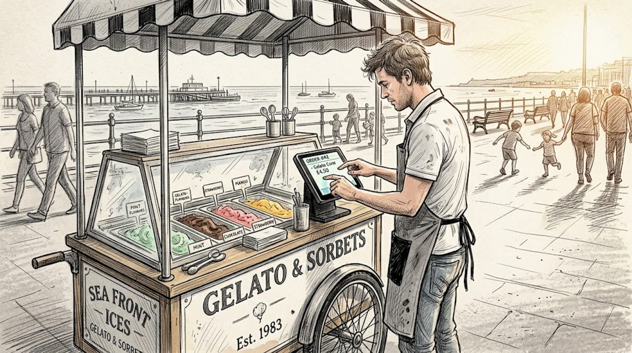 Ice cream vendor using POS at cart