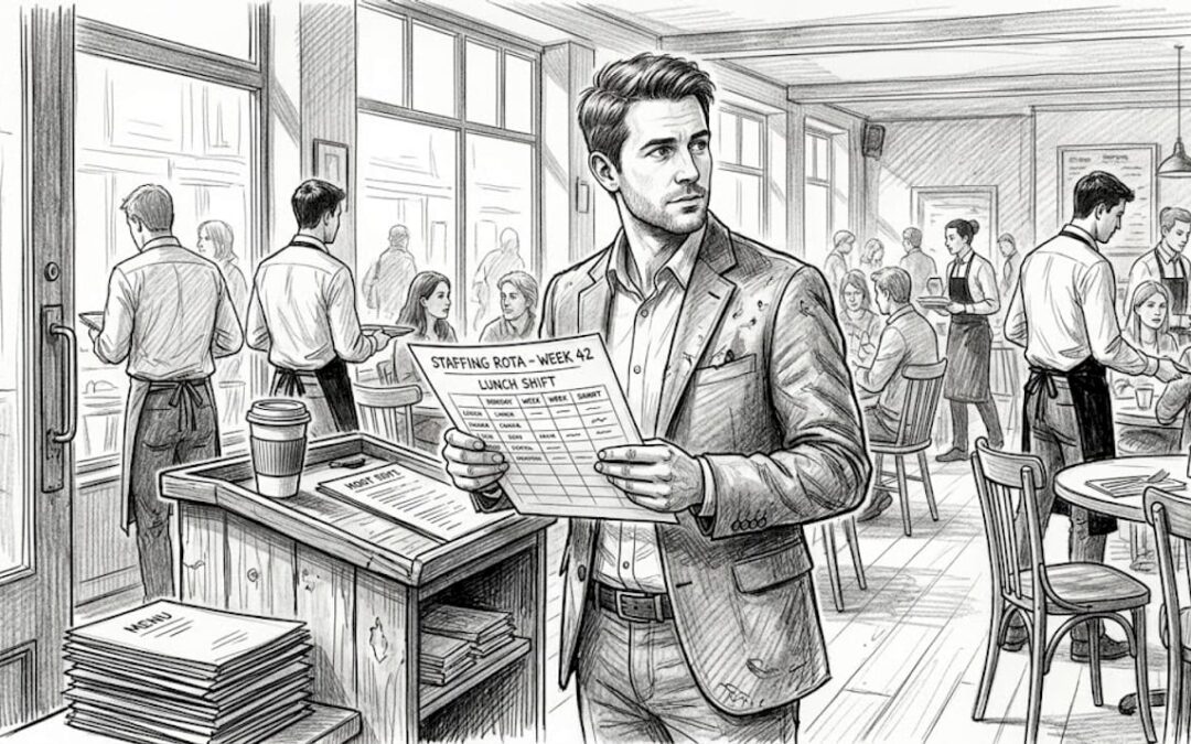 Manager reviewing rota at busy UK restaurant