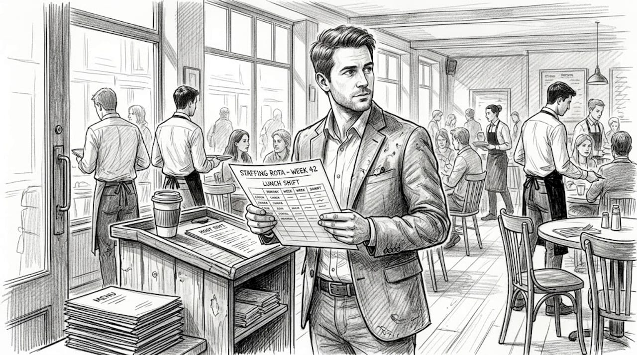 Manager reviewing rota at busy UK restaurant