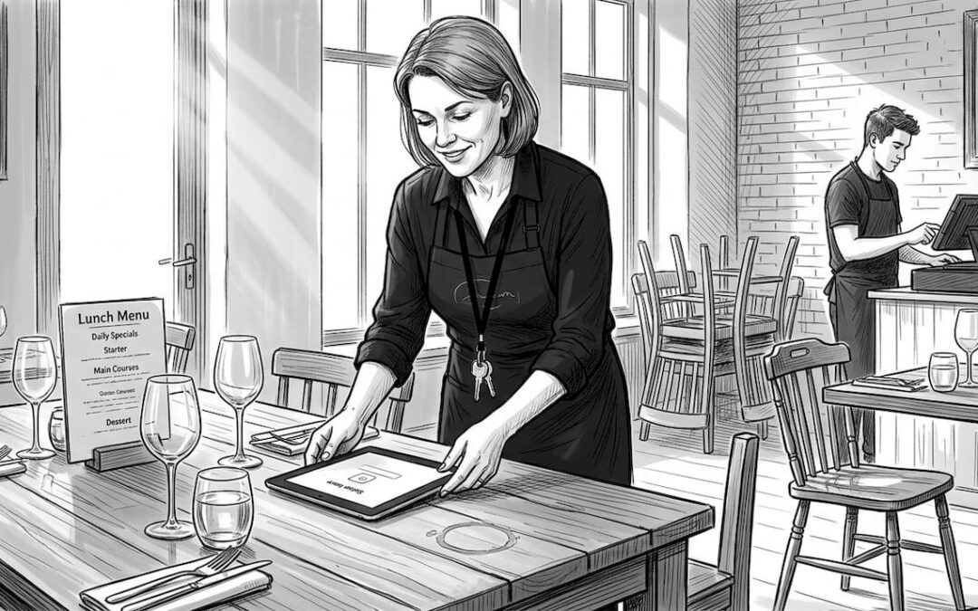 Manager prepping digital table ordering system