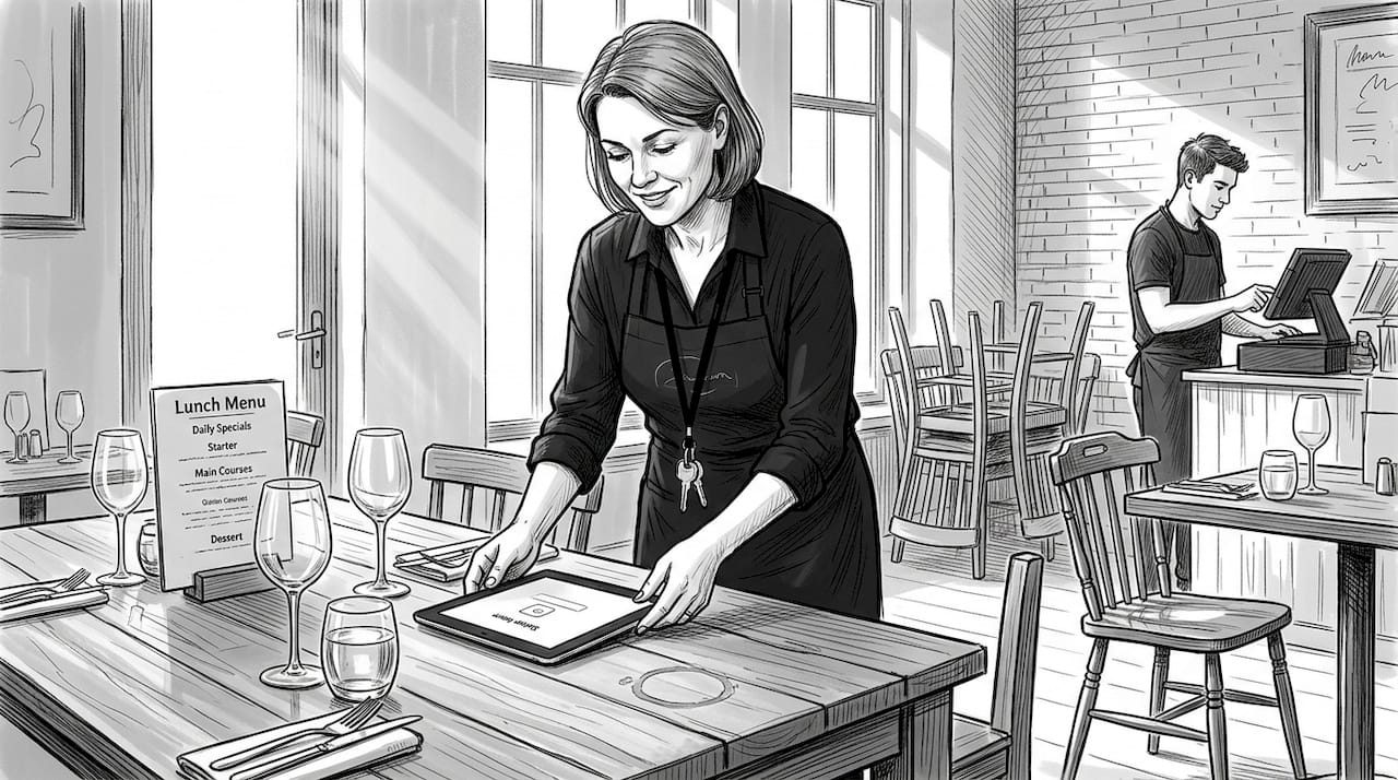Manager prepping digital table ordering system
