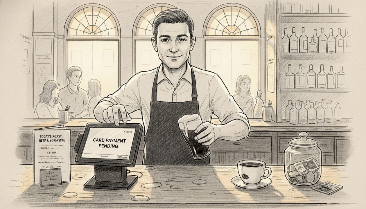 Bartender using touchscreen POS behind pub counter