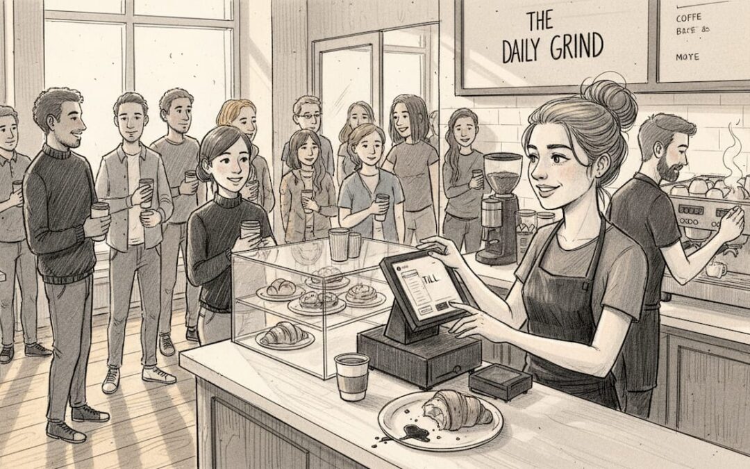 Barista using POS system during café rush