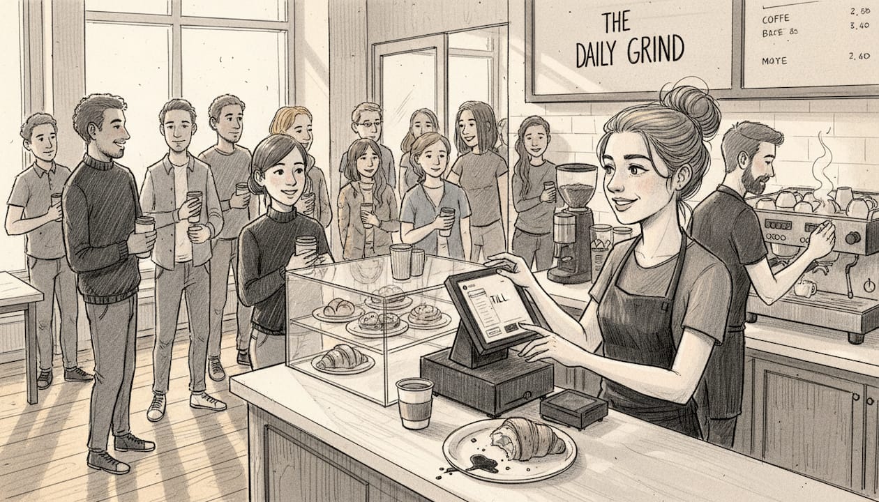 Barista using POS system during café rush