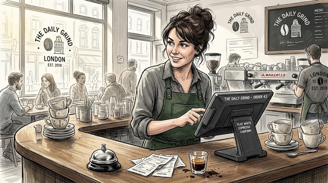 Café manager entering orders at POS terminal