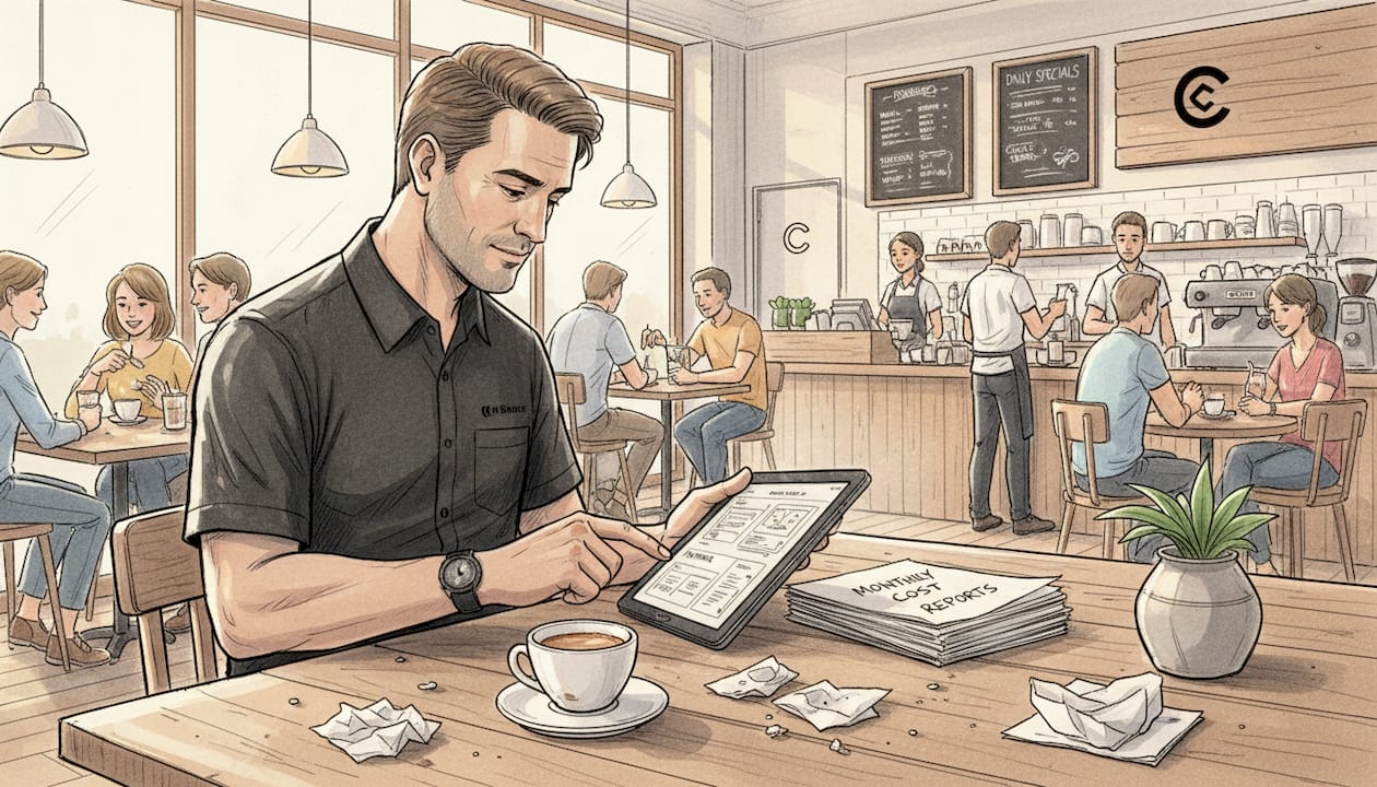 Hospitality manager reviewing POS invoices in café