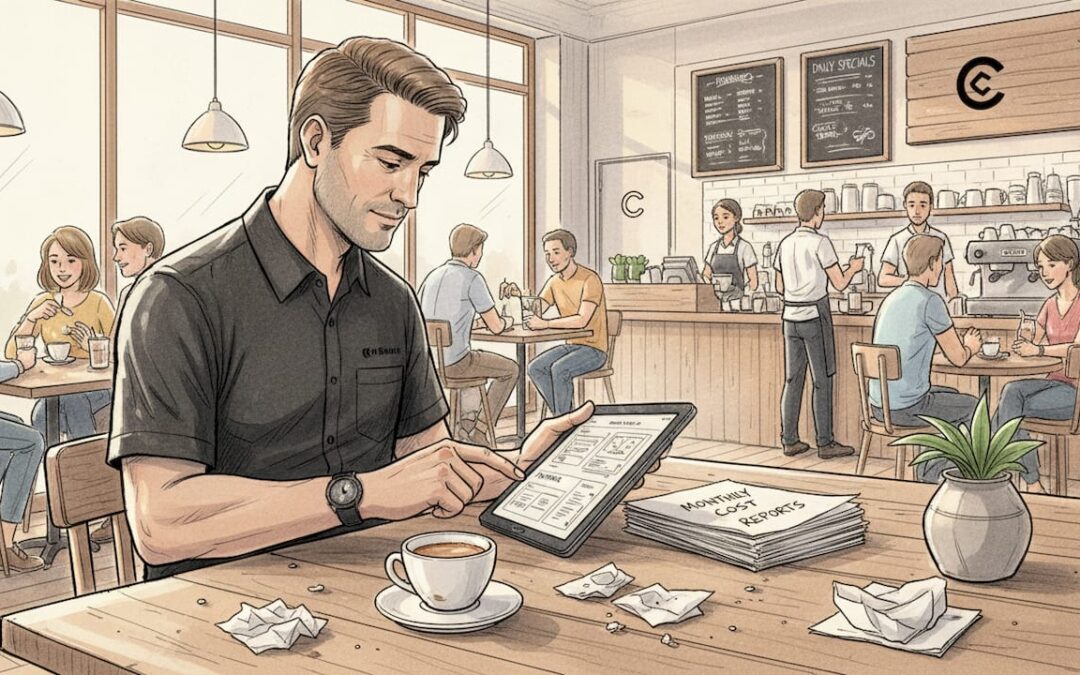 Hospitality manager reviewing POS invoices in café