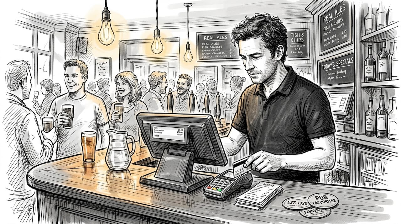 Bartender processing card payment at UK pub