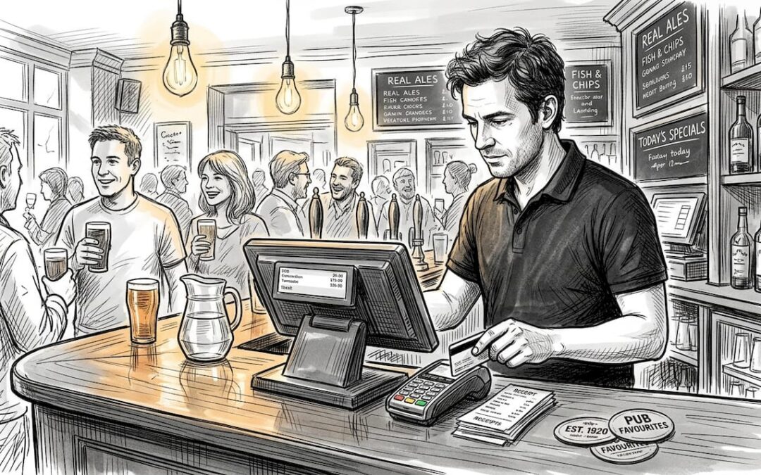 Bartender processing card payment at UK pub