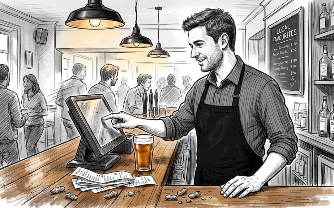 Bartender using EPOS at busy bar