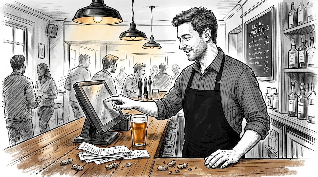 Bartender using EPOS at busy bar