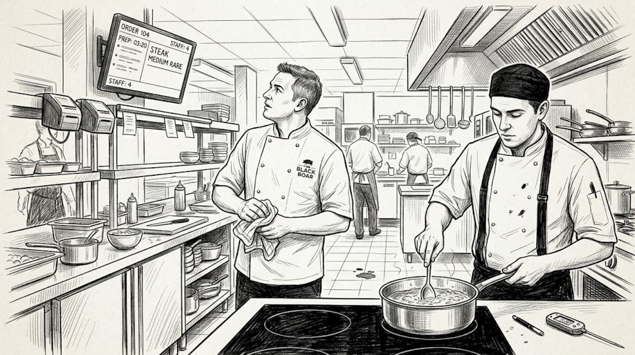 Chef using kitchen screen in busy UK kitchen